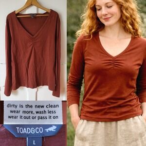 Toad&Co Organic Cotton Long Sleeve V-Neck Tee Rust Brown Top  Size L